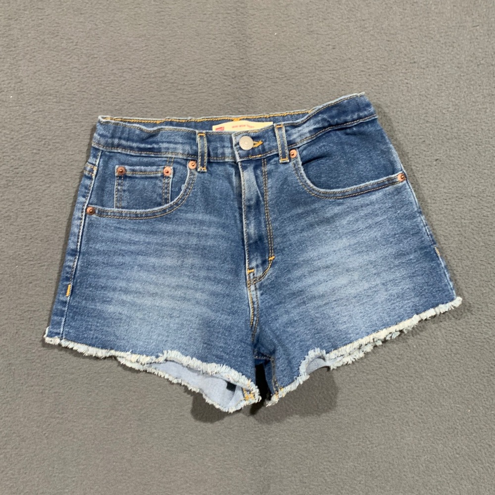 Levis Girls Mini Mom Short Size 16 Blue Denim High‎ Rise Frayed Hem Cutoff
